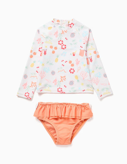 Conjunto de baño con motivo de playa para bebé y niña, blanco/naranja
