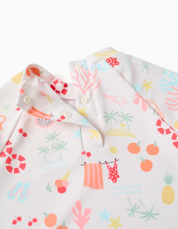 Conjunto de baño con motivo de playa para bebé y niña, blanco/naranja