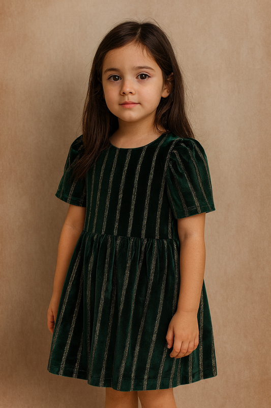 Vestido Terciopelo Verde lineas verticales metalicas