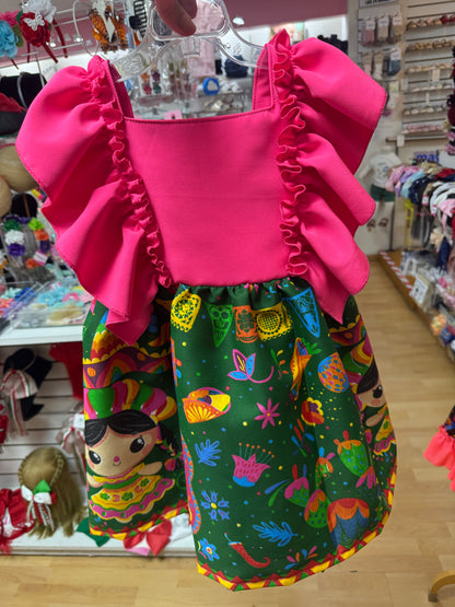 VESTIDO ADELITA TIPICO PATRIO ELEGANTE PETO ROSA, FALDA VERDE MUÑECAS