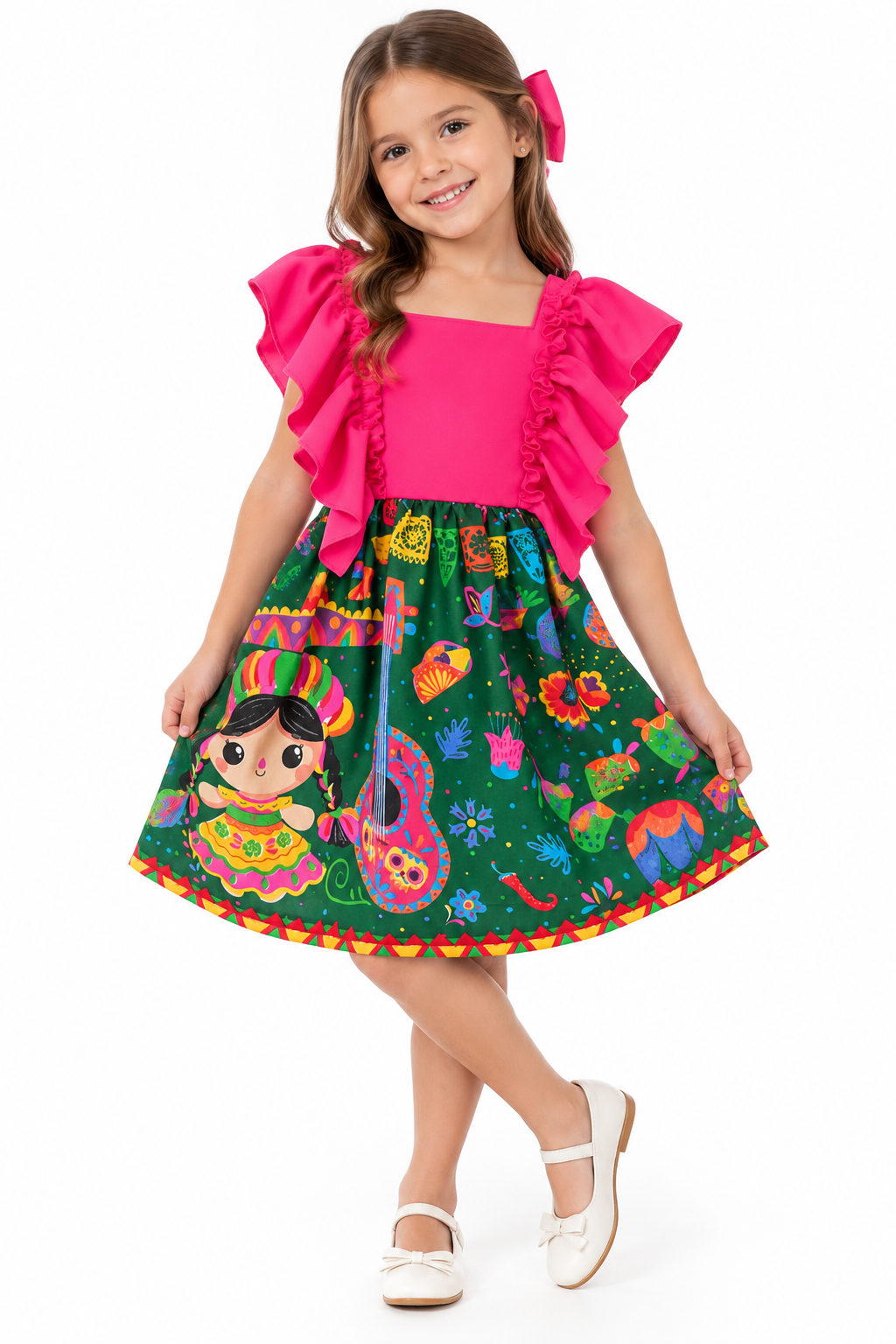 Vestido Adelita verde y rosa