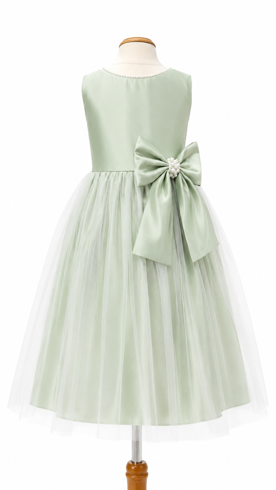 Vestido Satin Menta Cuello Perlas