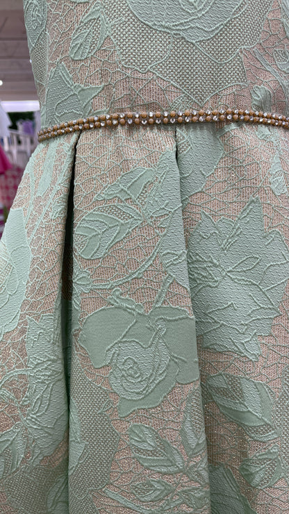 Vestido Verde Menta Brocado Cinto Dorado
