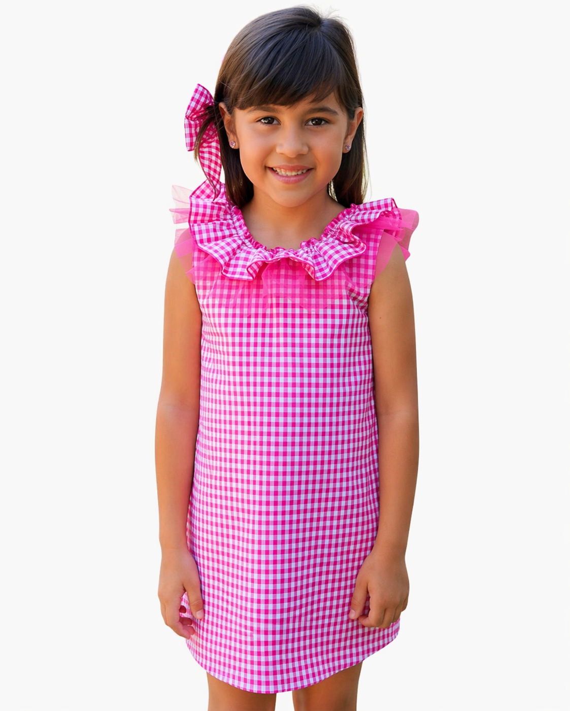 Vestido recto a cuadros rosa/fucsia cuello olan