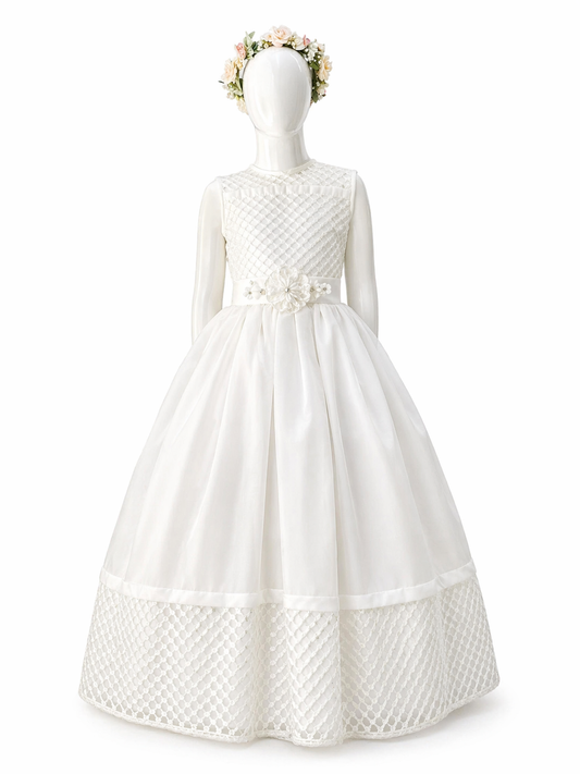 Vestido primera comunión, color perla, broche de flores en cintura