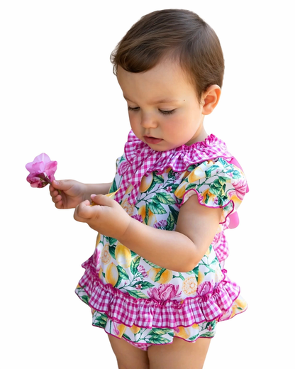 Vestido corto flores fucsia/limones con cubrecalzón para bebe