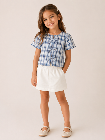 Set blusa cuadros azules + falda denim blanco