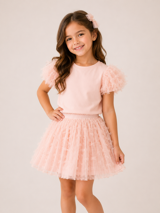 Set falda tul rosa, blusa manga bombacha, mayoral
