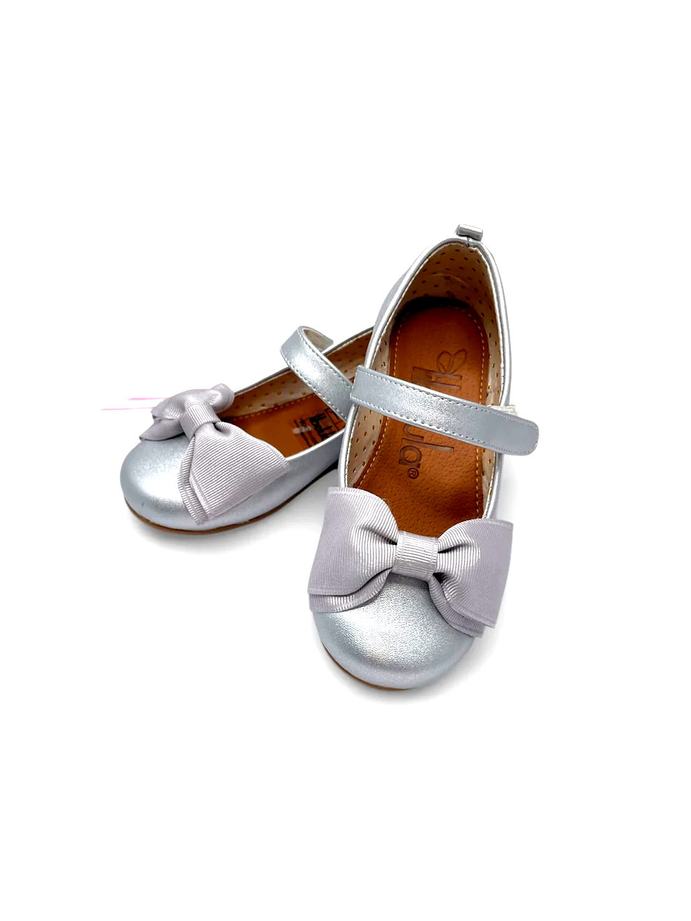 Zapato Moño Doble Listón Falla, color plata cierre velcro