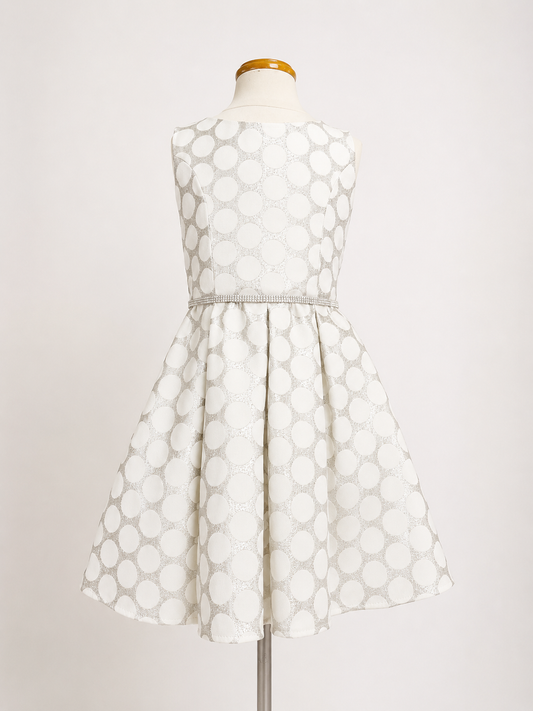 Vestido brocado estampado bolas plata ivory con cinto de cristal