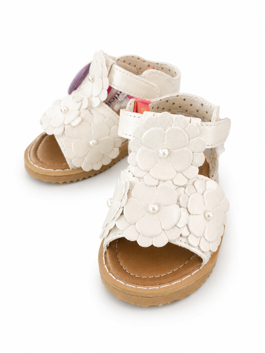 Huarache velcro con flores ivory perla