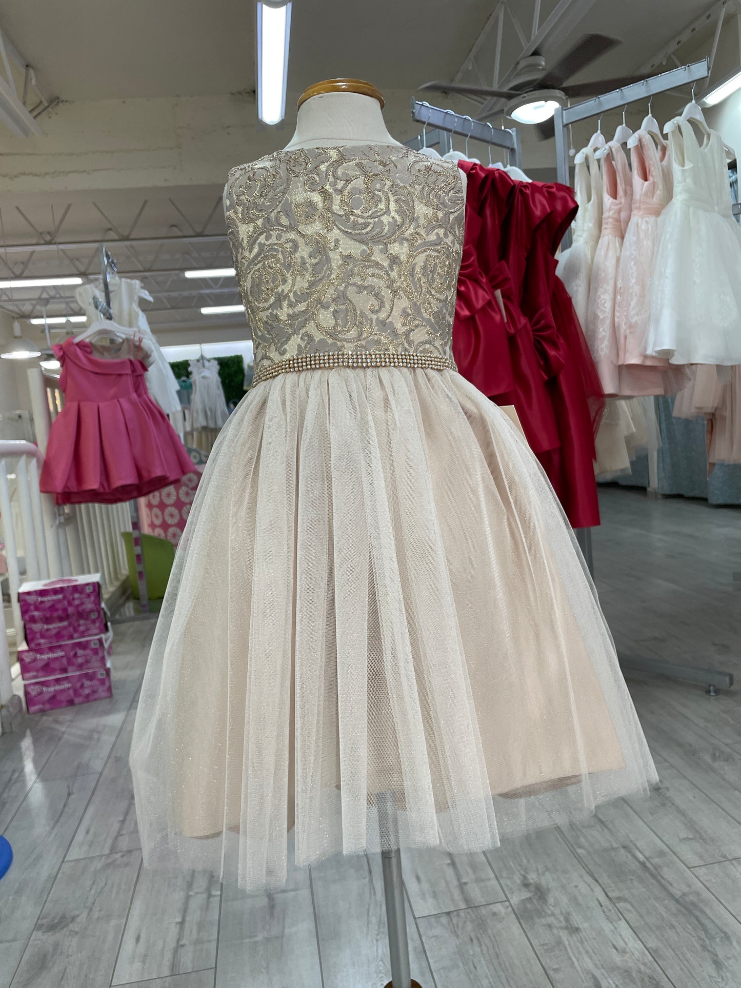 Vestido Mocha talle Brocado cinto cristales