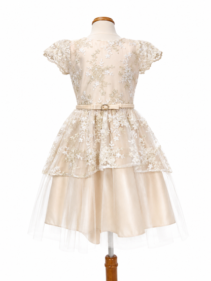 Vestido Champagne Cola con Sobrefalda y  Cinto Hebilla Oro