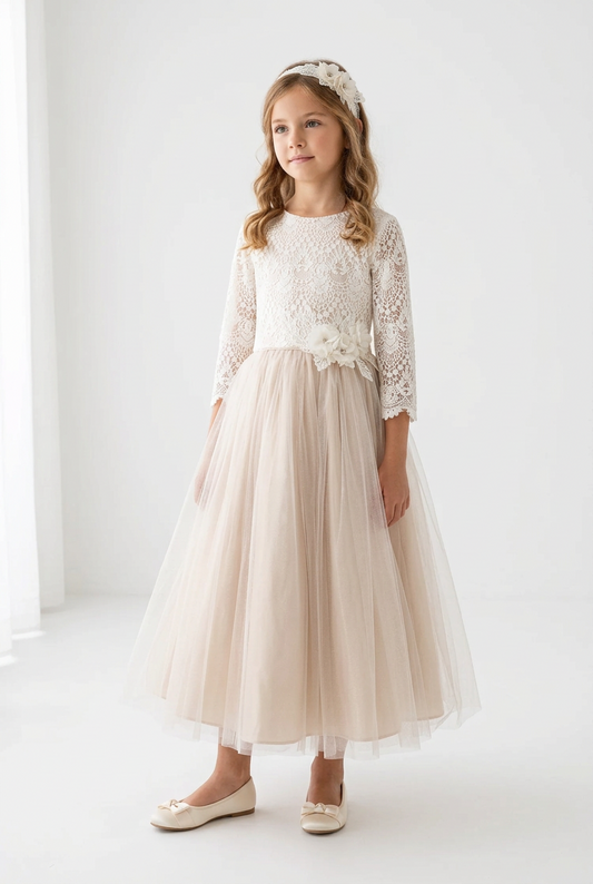 Vestido para ceremonia manga 3/4 color blush falda tul blusa encaje