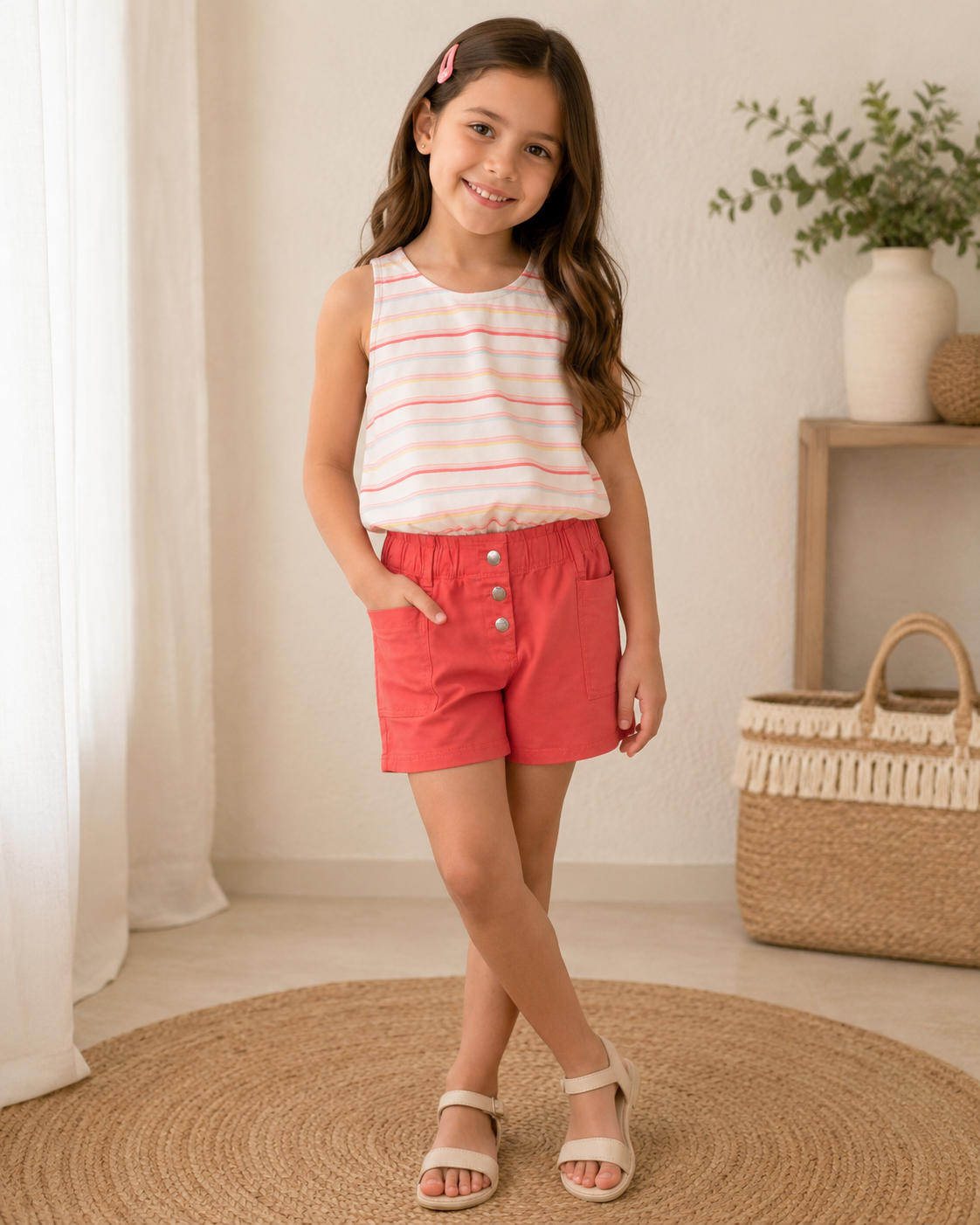 Set blusa blanca a rayas  + Short Rosa Coral bolsas laterales