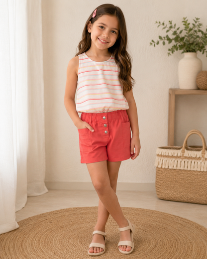 Set blusa blanca a rayas  + Short Rosa Coral bolsas laterales