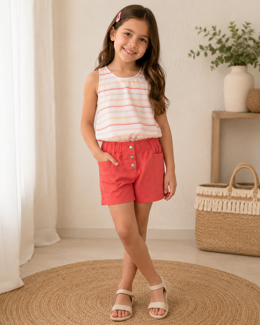 Set blusa blanca a rayas  + Short Rosa Coral bolsas laterales