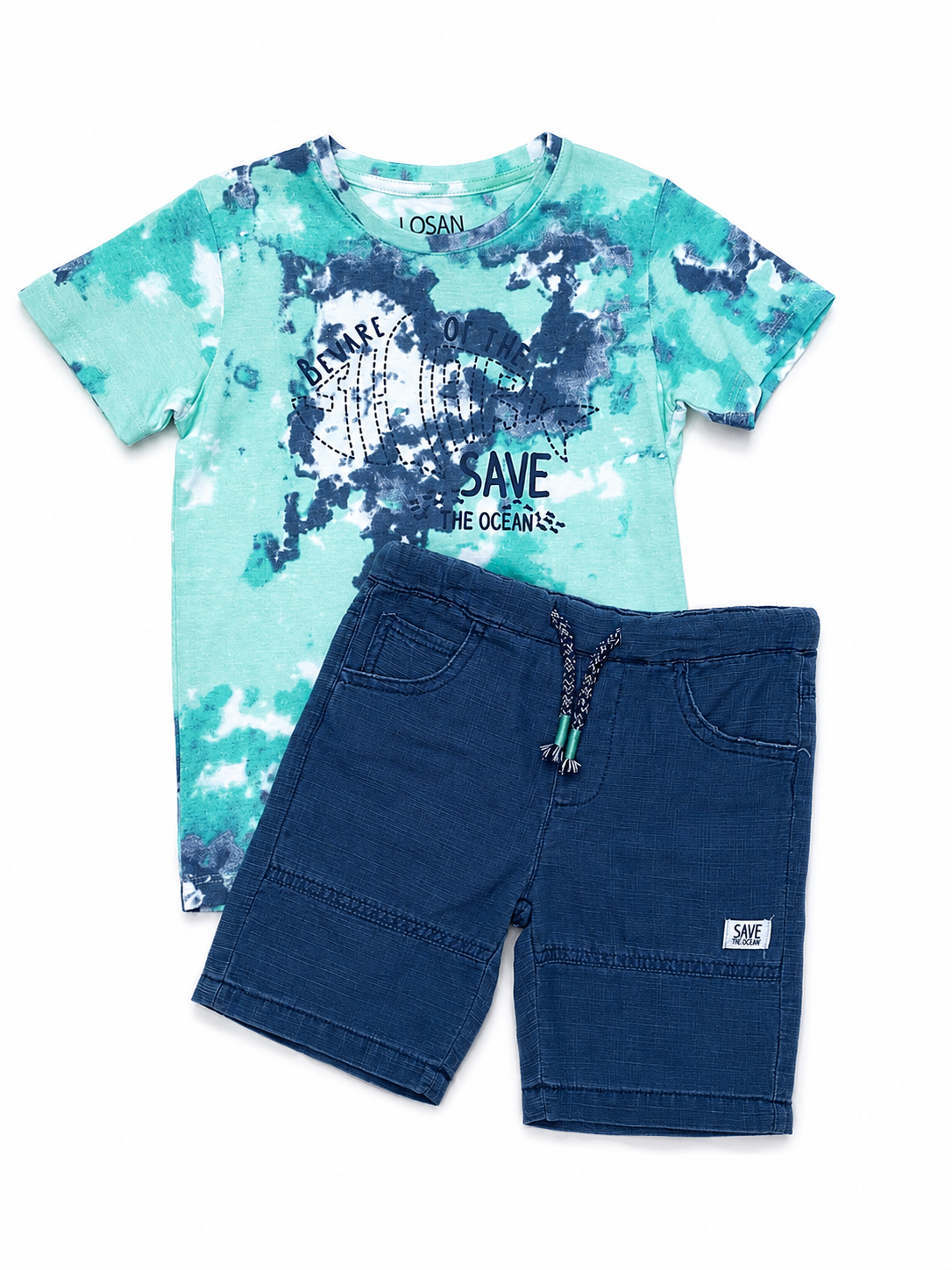 Set Camiseta Tie Dye Shark y bermuda Tipo denim con jareta