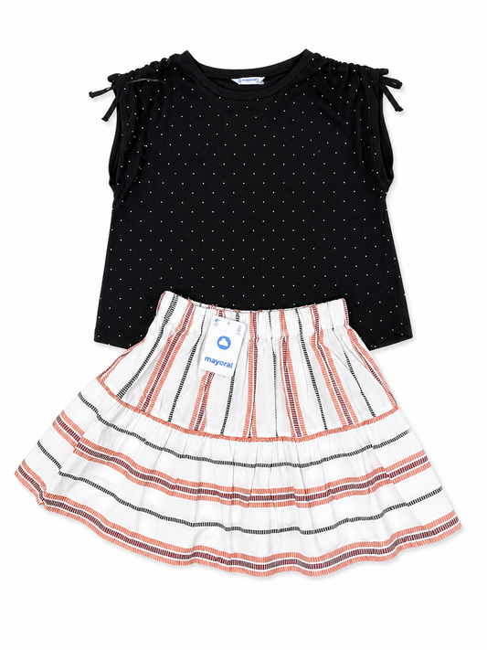 Set Blusa Negro con Estoperoles Falda Circular a Rayas Mayoral