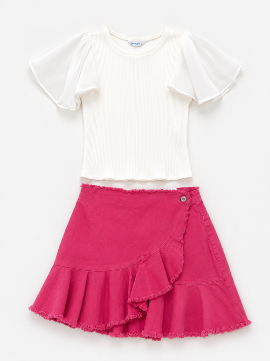 Set Blusa Blanca Manga Volada y Falda Rosa con Olan