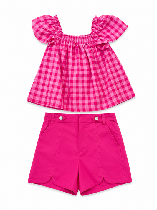 Conjunto Blusa Campesina a Cuadros Rosa Short Rosa Mayoral