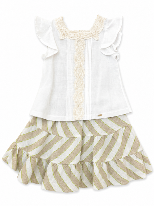 Conjunto Lino Blusa Cuello Encaje Manga Volada
