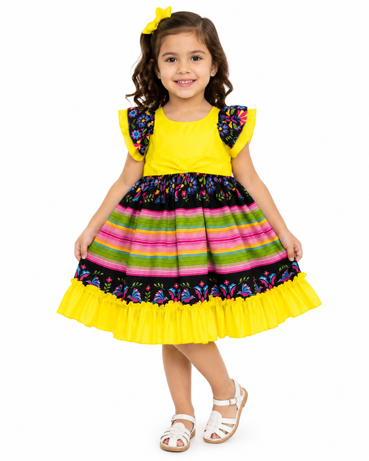 VESTIDO ADELITA TIPICO PATRIO ELEGANTE PETO AMARILLO, FALDA RAYAS