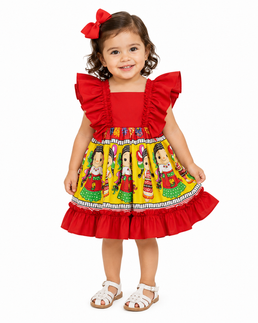 VESTIDO ADELITA TIPICO PATRIO ELEGANTE PETO ROJO, FALDA AMARILLO MUÑECAS