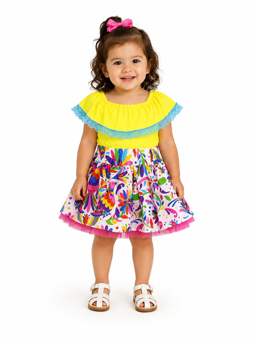 SET PATRIO TUTU CON BLUSA CAMPESINA AMARILLO ENCAJE AZUL, FALDA BLANCA PAJAROS