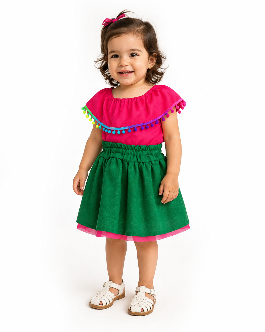 SET PATRIO TUTU CON BLUSA CAMPESINA ROSA POMPON ARCOIRIS, FALDA VERDE