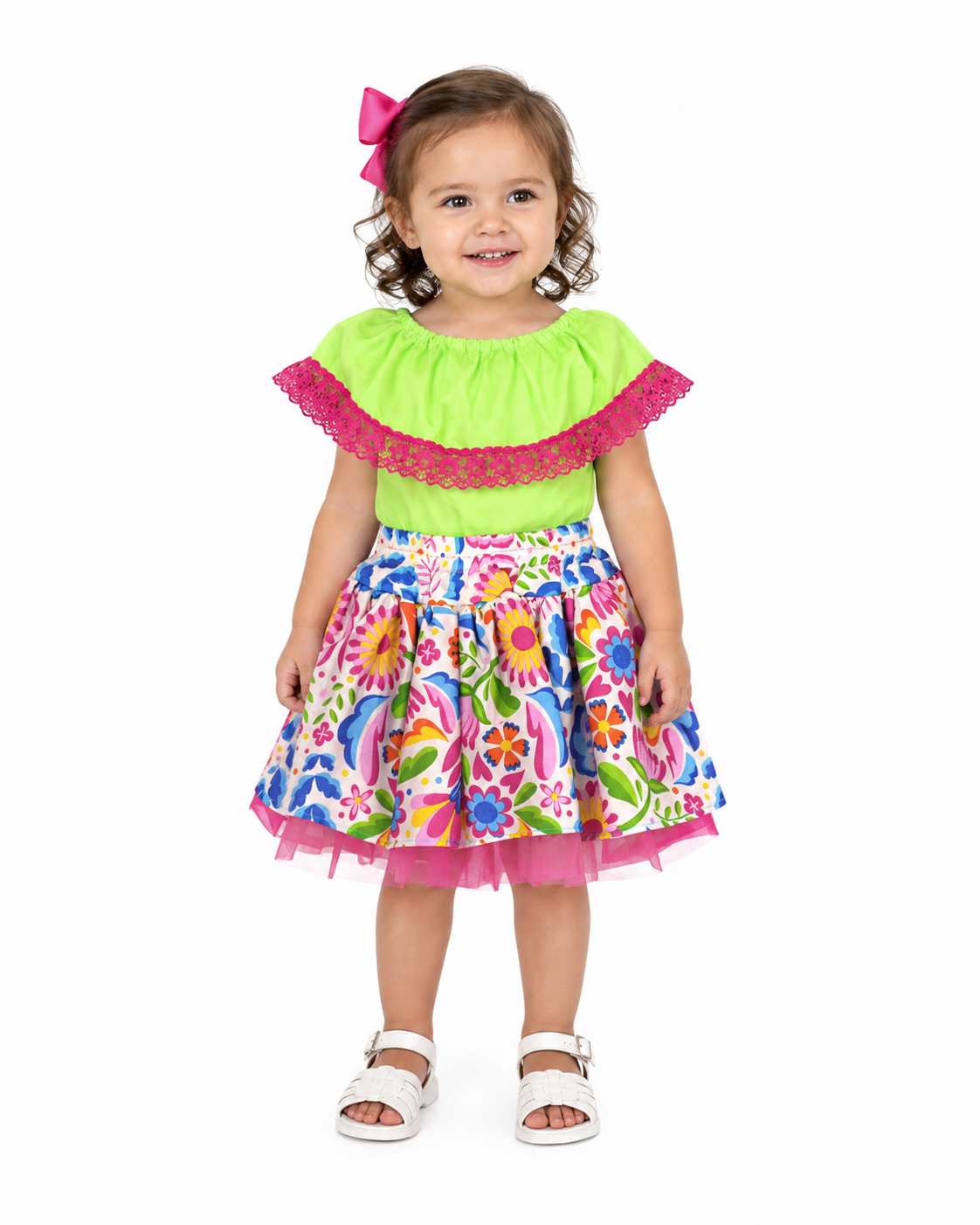 SET PATRIO TUTU CON BLUSA CAMPESINA VERDE ENCAJE ROSA, FALDA FLORES