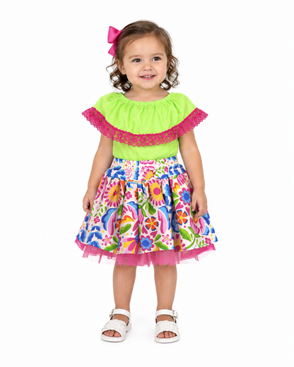 SET PATRIO TUTU CON BLUSA CAMPESINA VERDE ENCAJE ROSA, FALDA FLORES
