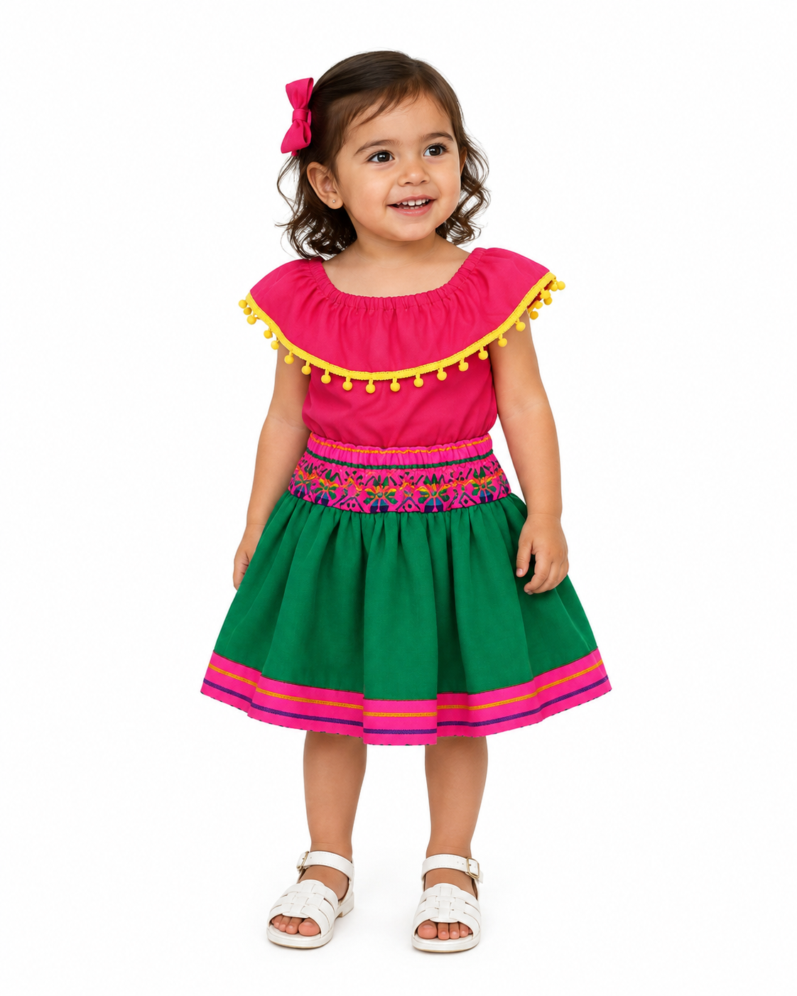 SET PATRIO TUTU CON BLUSA CAMPESINA ROSA POMPON AMARILLO, FALDA VERDE