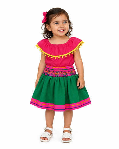 SET PATRIO TUTU CON BLUSA CAMPESINA ROSA POMPON AMARILLO, FALDA VERDE