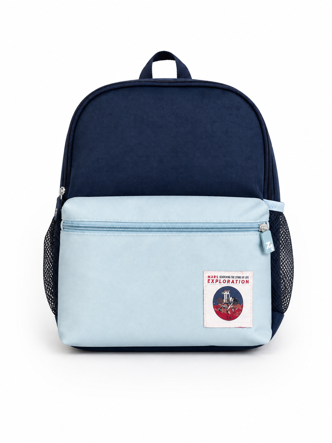 mochila azul con bolsas laterales