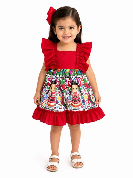 VESTIDO ADELITA TIPICO PATRIO ELEGANTE PETO ROJO, FALDA BLANCA MUÑECAS