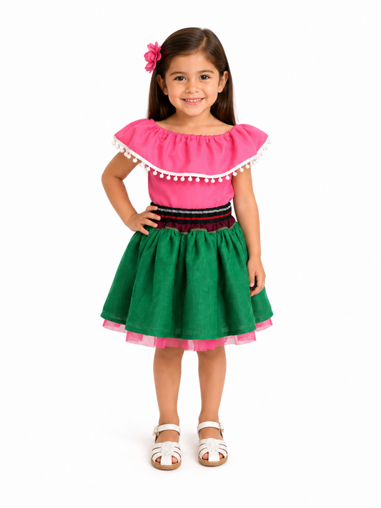 SET PATRIO TUTU CON BLUSA CAMPESINA ROSA, POMPON BLANCO, FALDA VERDE CAMBAYA