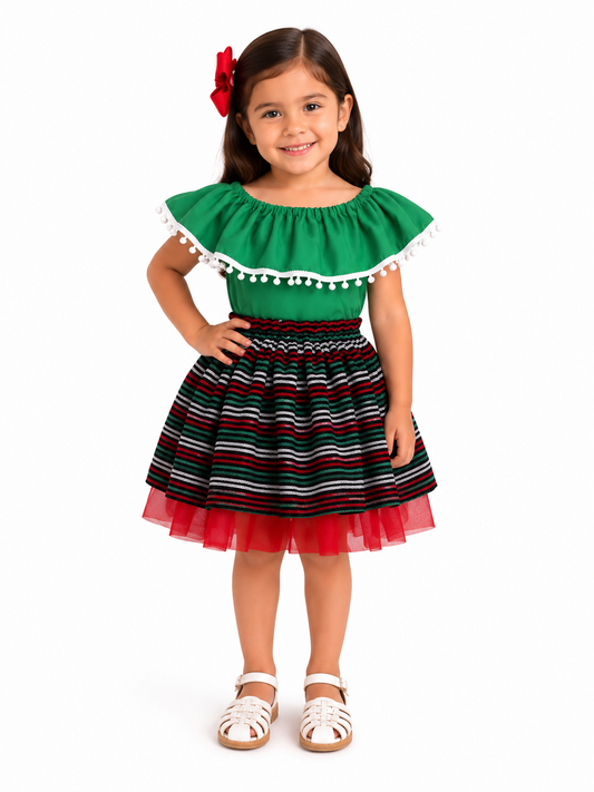 SET PATRIO TUTU CON BLUSA CAMPESINA VERDE, POMPON BLANCO, FALDA RAYAS CAMBAYA
