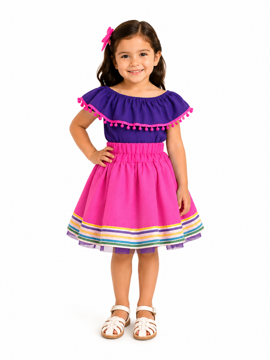 SET PATRIO TUTU CON BLUSA CAMPESINA MORADA, POMPON ROSA, FALDA ROSA CAMBAYA