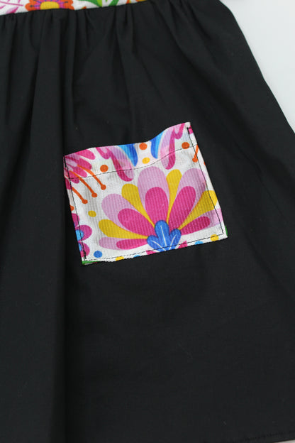 vestido patrio popelina negro peto flores colores azul, amarillo, verde