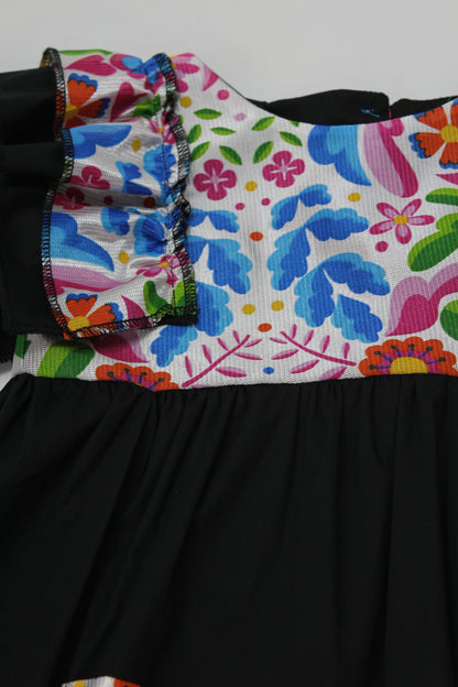 vestido patrio popelina negro peto flores colores azul, amarillo, verde