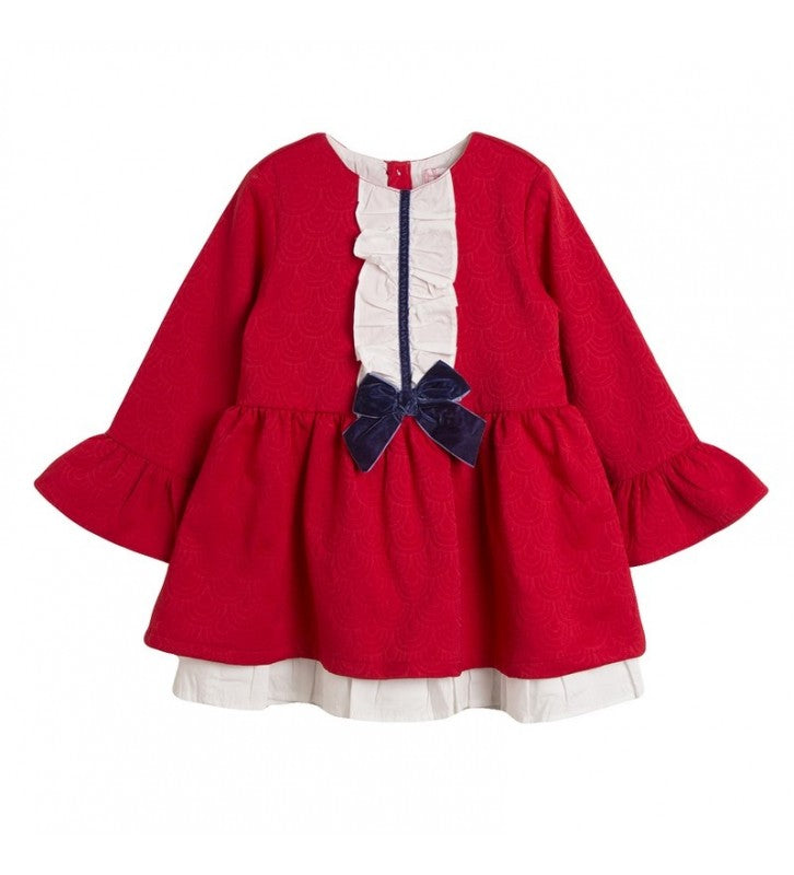 Vestido color rojo manga campana y moño azul