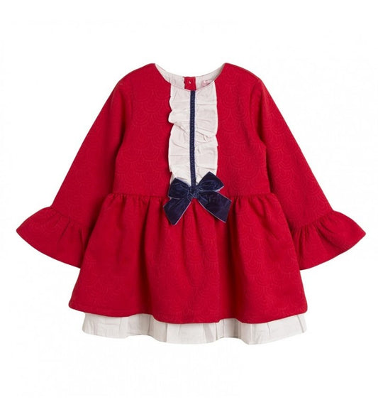 Vestido color rojo manga campana y moño azul