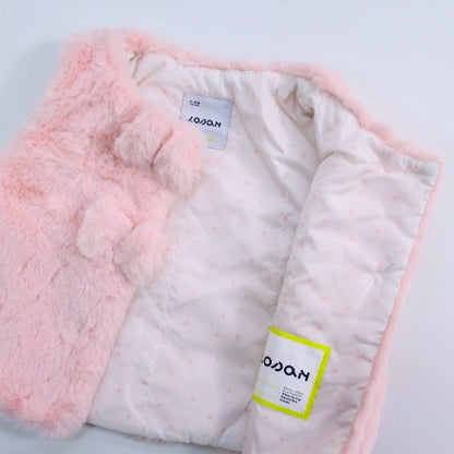 chaleco de peluche rosa, botón 2 moños