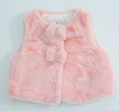 chaleco de peluche rosa, botón 2 moños