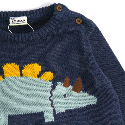 suéter azul marino, tejido, dinosaurio, para bebé