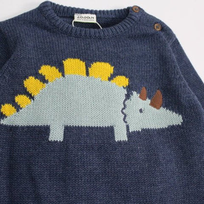suéter azul marino, tejido, dinosaurio, para bebé