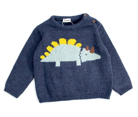 suéter azul marino, tejido, dinosaurio, para bebé
