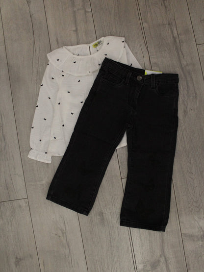 set falda blusa dobby con pantalón campanas black denim