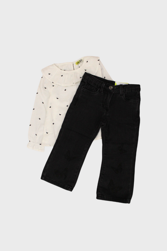 set falda blusa dobby con pantalón campanas black denim